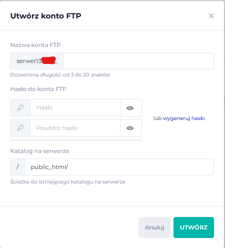 Zdjęcie pokazujące założenie konta FTP na hostingu lh.pl