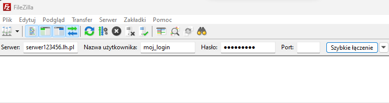 Zdjęcie ukazujące prawidłową konfigurację FileZilla do połączenia